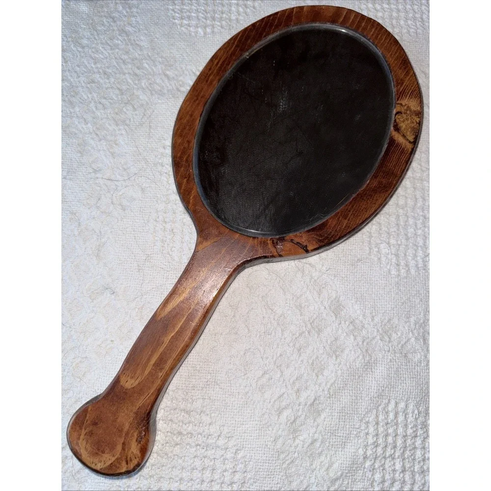 Vintage Wood Hand Held Beveled Glass Mirror Leaf Design Oval‎ Glass 14.5 in